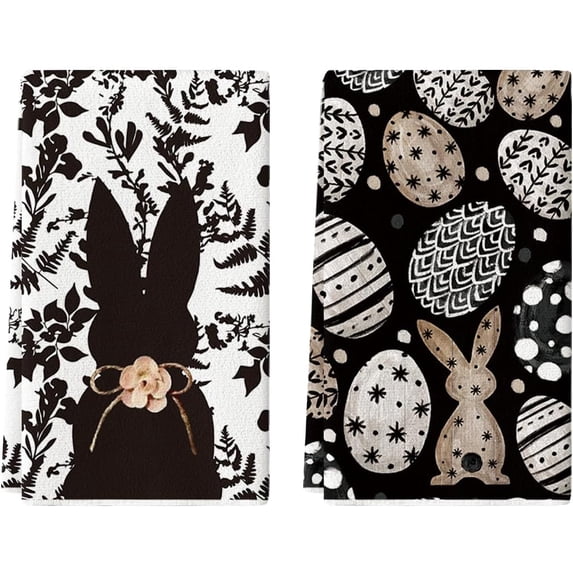 Black Bunny Eggs Flower Easter Kitchen Towels Dish Towels, 18x26 Inch Spring Farmhouse Leaves Decoration Hand Towels Set of 2