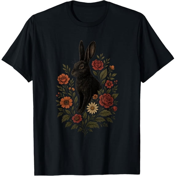 Black Bunny With Flowers Botanical Gothic Nature Art T-Shirt - Walmart.com