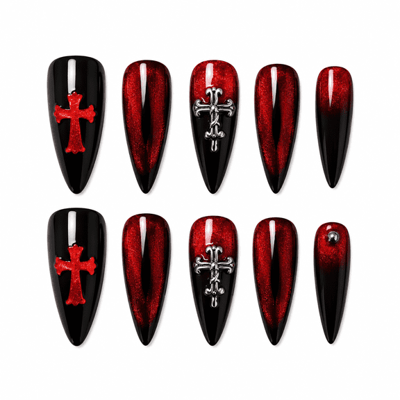 Black Burgundy Cross Press on Nails, Long Almond Cat Eye Glossy False Nails, 24 Count