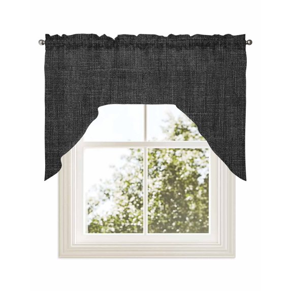 Black Burlap Texture Kitchen Curtains Swag Valance for Windows/Bathroom/Cafe, Farmhouse Vintage Black Rod Pocket Drape Panel Swag Curtains Valance for Bedroom/Living Room 56"x36"