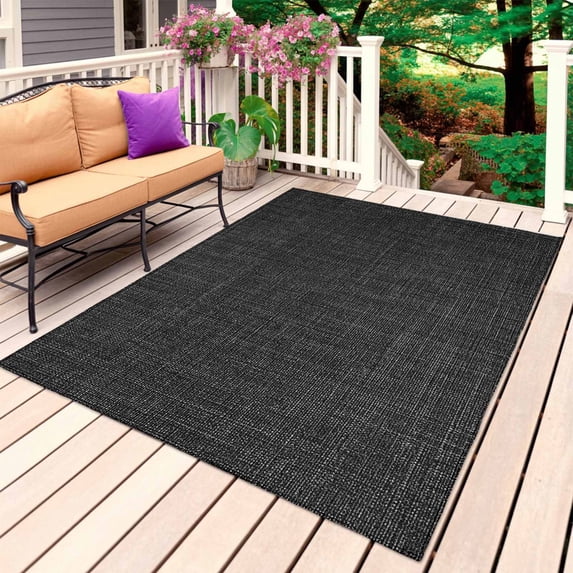 Black Burlap Texture Outdoor Rug 5x8 Ft, Non Slip Washable Area Rug, Farmhouse Vintage Black Patio Rugs Carpet Runner, Large Floor Mat for Indoor/Outdoor Deck Porch Camping