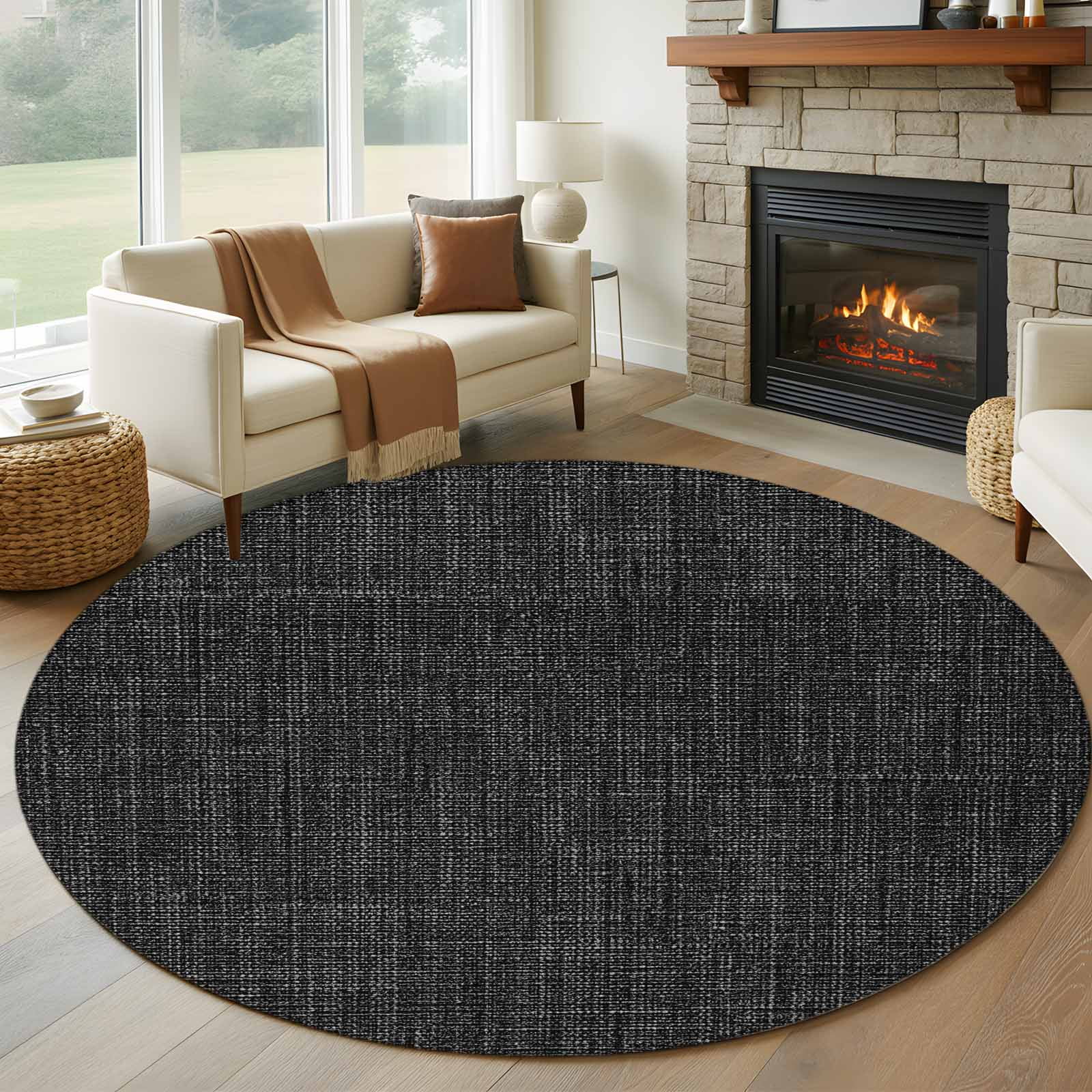 Black Burlap Texture Round Area Rug 6 FT, Non Slip Bedroom Area Rug, Farmhouse Vintage Black Washable Soft Circular Carpet Non-Shedding Floor Mat for Kitchen Dining Room Home Office Kids Room