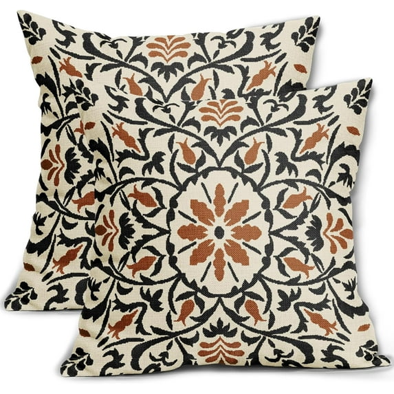 Black Burnt Orange Boho Pillow Covers 16 X Inch Bohemian Ethnic Carpet Style Vintage Flower Print Decorative Throw Pillows Outdoor Linen Cushion Case Farmhouse Decor Set of 2