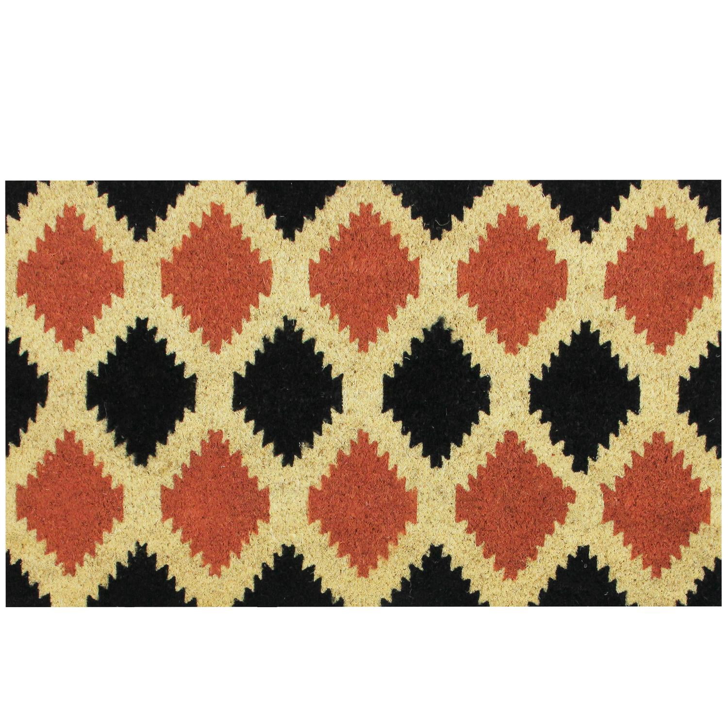 Black Burnt Orange and Cream Coir Tribal Outdoor Rectangular Door Mat 29.5" x 17.75"