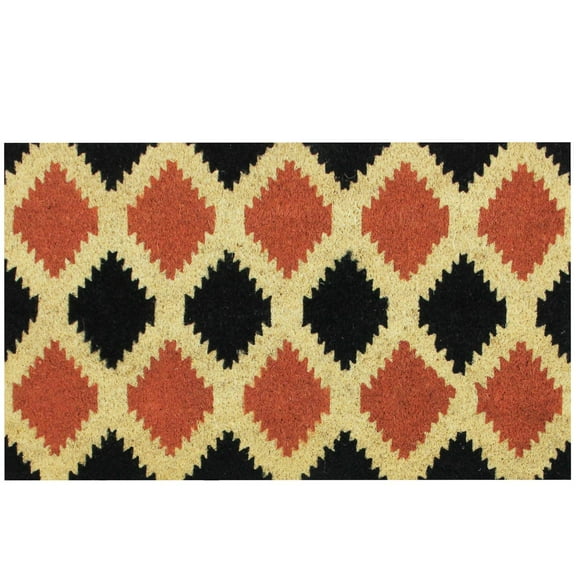 Black Burnt Orange and Cream Coir Tribal Outdoor Rectangular Door Mat 29.5" x 17.75"