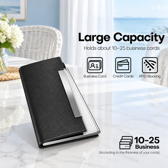 Black Business Card Holder, Professional PU Leather and Stainless Steel Wallet for Credit, ID, and Personal Cards