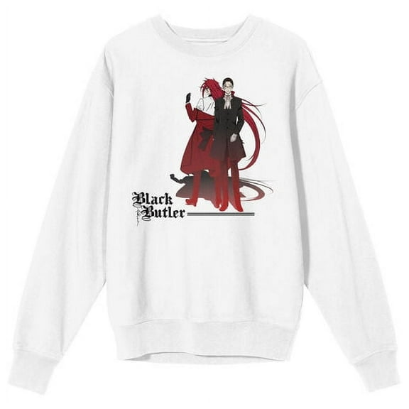 Black Butler Grell Two Forms Crew Neck Short Sleeve Adult White Sweatshirt
-Medium