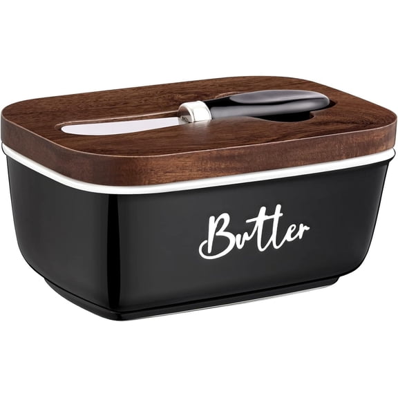 Black Butter Dish with Lid and Knife for Countertop - Airtight Ceramic Butter Keeper Container with Thick Acacia Wood Lid for Counter or Fridge - for Farmhouse Kitchen Decor and Accessories
