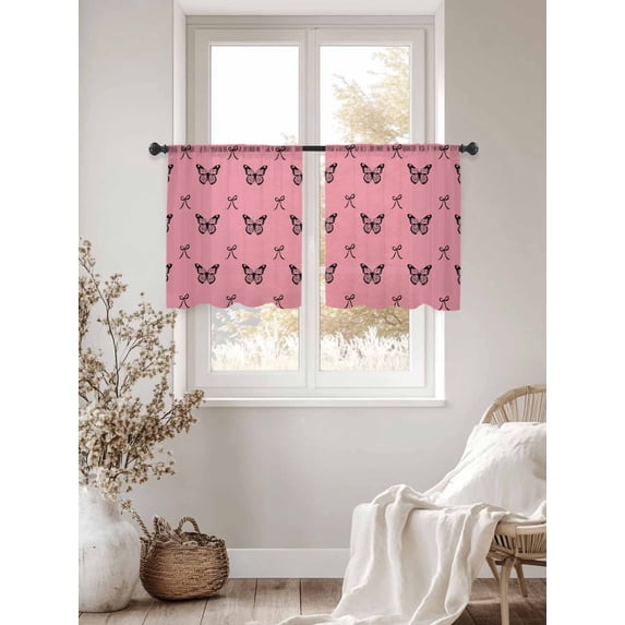 Black Butterflies Bow on Pink Chiffon Sheer Curtains 45 Inches Long ...