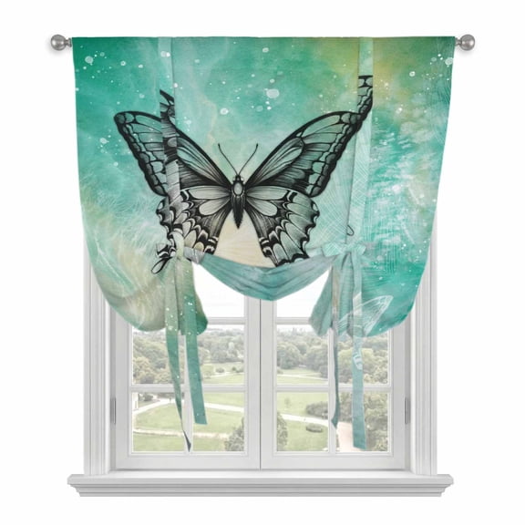 Black Butterflies Tie Up Curtains for Window, Thermal Insulated Balloon Shade Adjustable Rod Pocket Curtains Valance Panels for Kitchen Bathroom Cafe 34 x 45 Modern Abstract Gradient Teal Green
