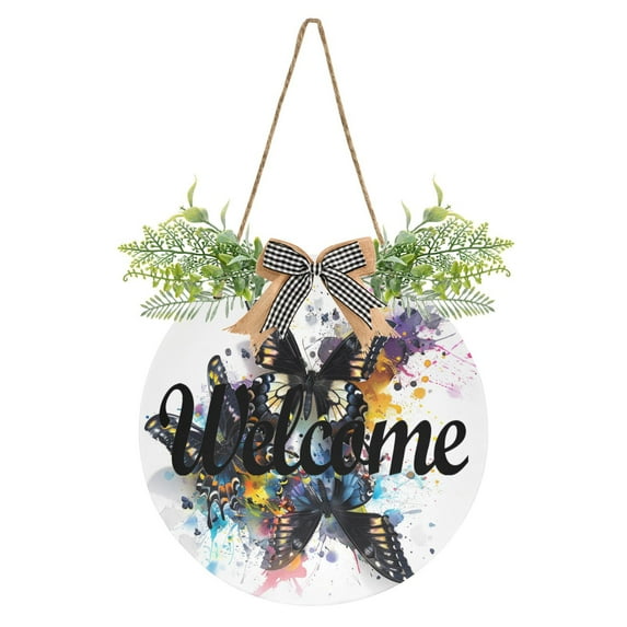 Black Butterflies Welcome Sign for Front Door Wreath Door Sign for Farmhouse Porch Decoration Indoor Outdoor
