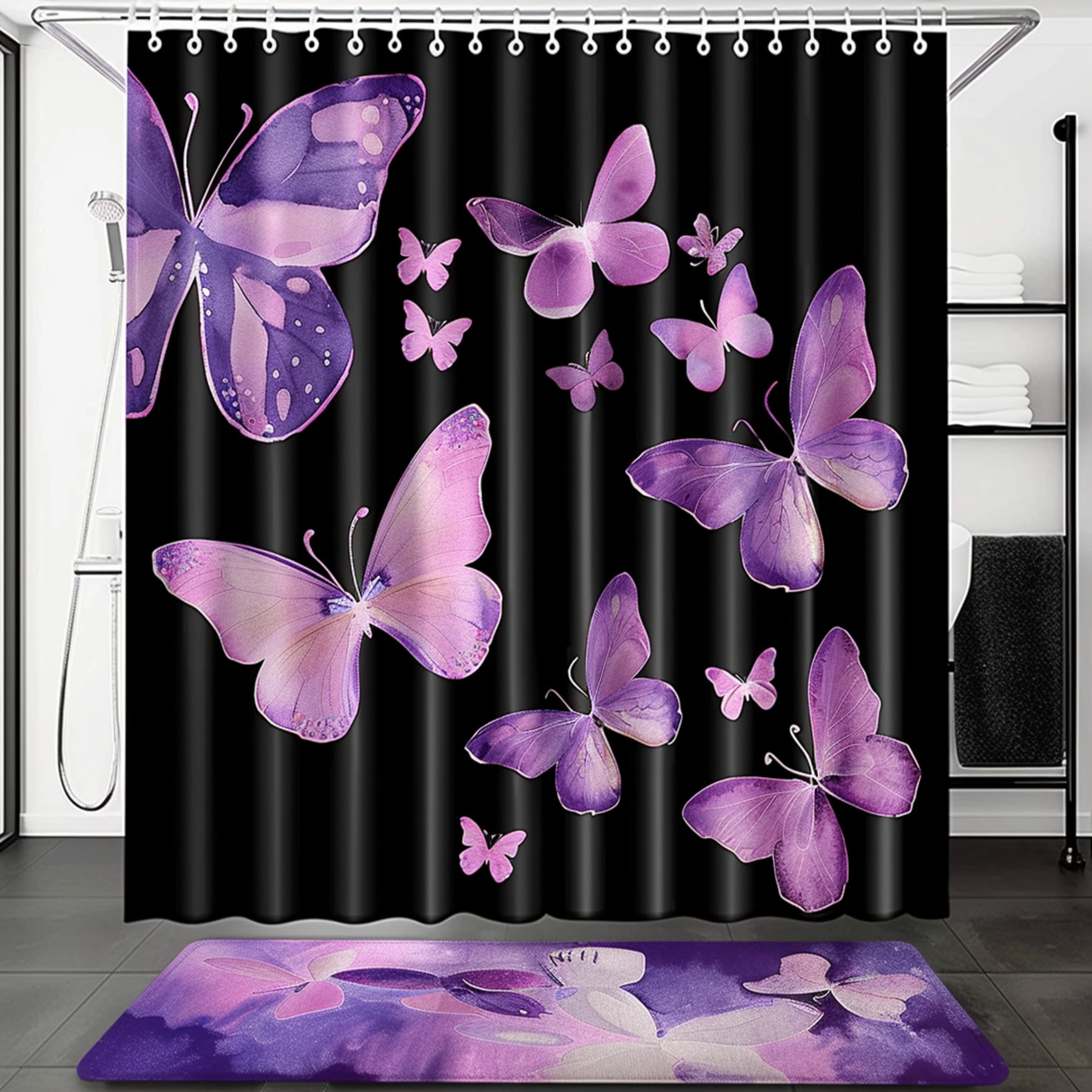 Black Butterfly Bathroom Decor Set Purple & Pink Butterflies Shower ...