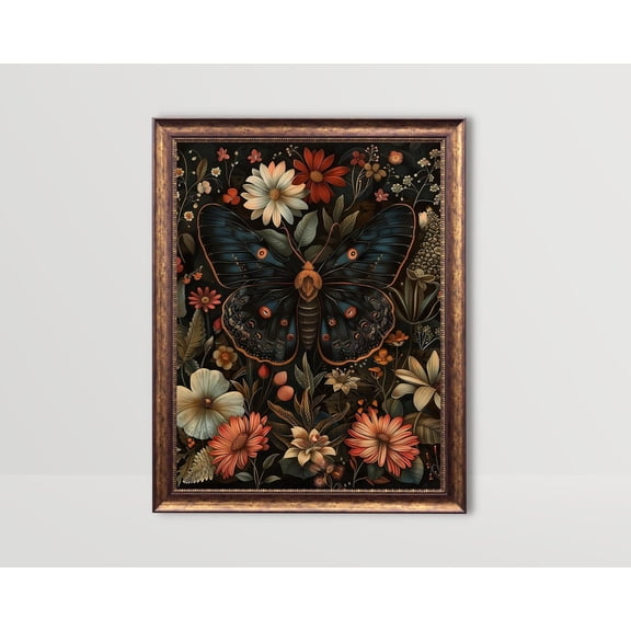 Black Butterfly, Botanical Moth Wall Art, Dark Academia Posters, Gothic Cottagecore Decor, Moody Floral Poster Goth Vintage Flowers, 8x12 UNFRAMED