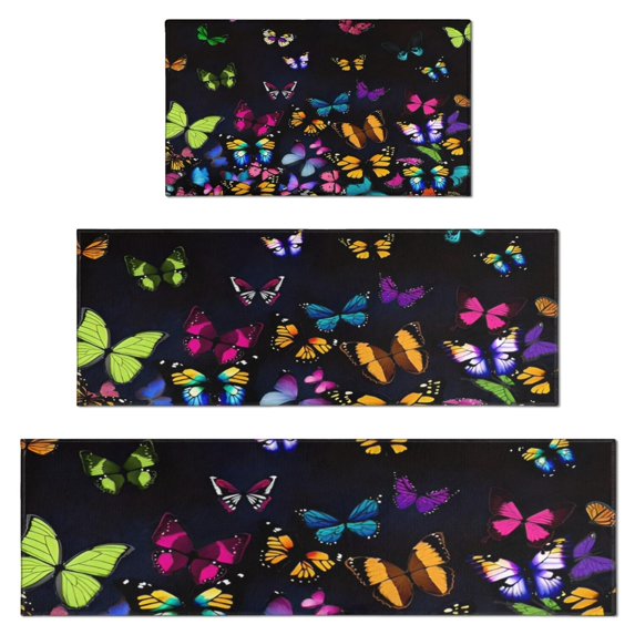 Black Butterfly Colorful Wings Pattern Kitchen Rugs Sets Of 3,Kitchen Runner Rugs Non Skid Washable,Decorative Kitchen Floor Mats for Kitchen,Sink,Laundry,17"x30"+ 17"x47" + 17"x59"