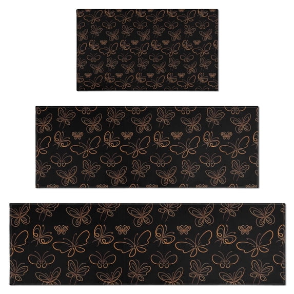 Black Butterfly Orange Line Pattern Kitchen Rugs Sets Of 3,Kitchen Runner Rugs Non Skid Washable,Decorative Kitchen Floor Mats for Kitchen,Sink,Laundry,17"x30"+ 17"x47" + 17"x59"
