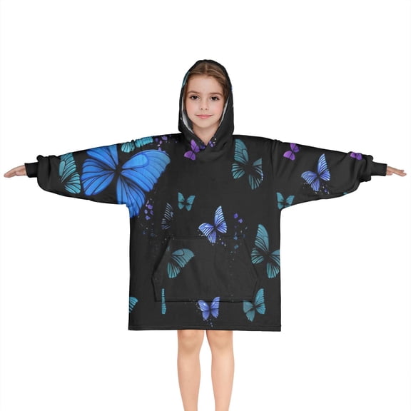Black Butterfly Pattern Blanket Hoodies for Kids 6-13YR Oversize Wearable Blanket Hoodies for Boys Girls Teens