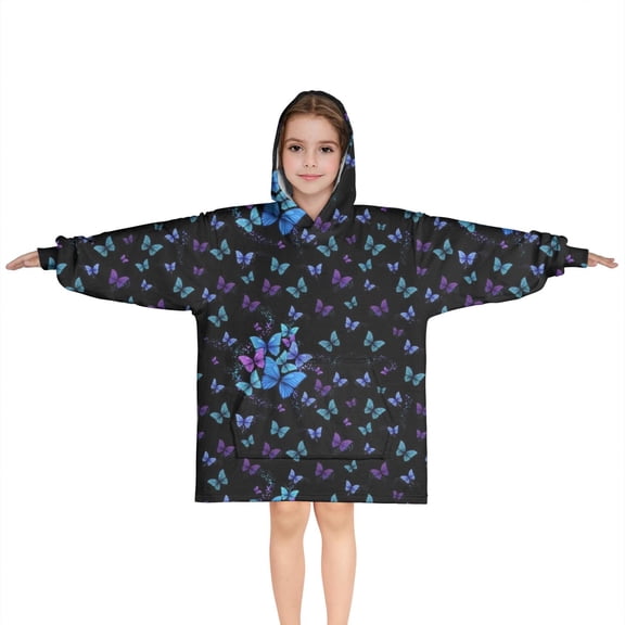 Black Butterfly Pattern Blanket Hoodies for Kids 6-13YR Oversize Wearable Blanket Hoodies for Boys Girls Teens