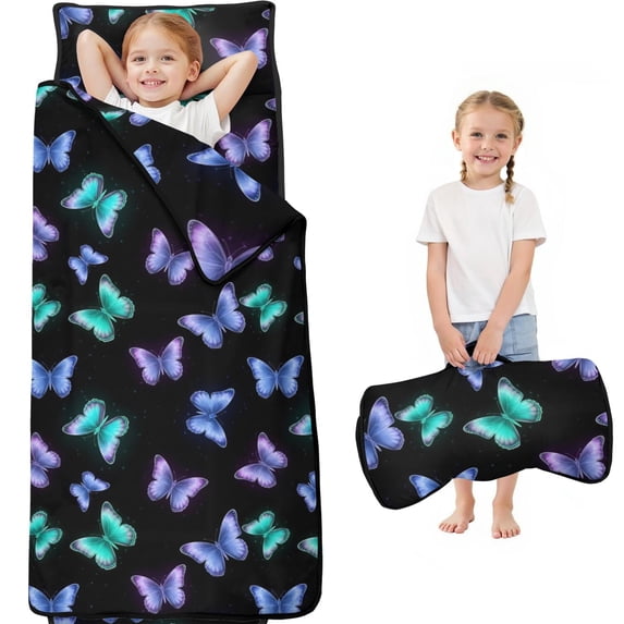 Black Butterfly Pattern Teens Toddler Nap Mat with Pillow, Sleeping Mat Bag for Preschool Daycare 60"x20"
