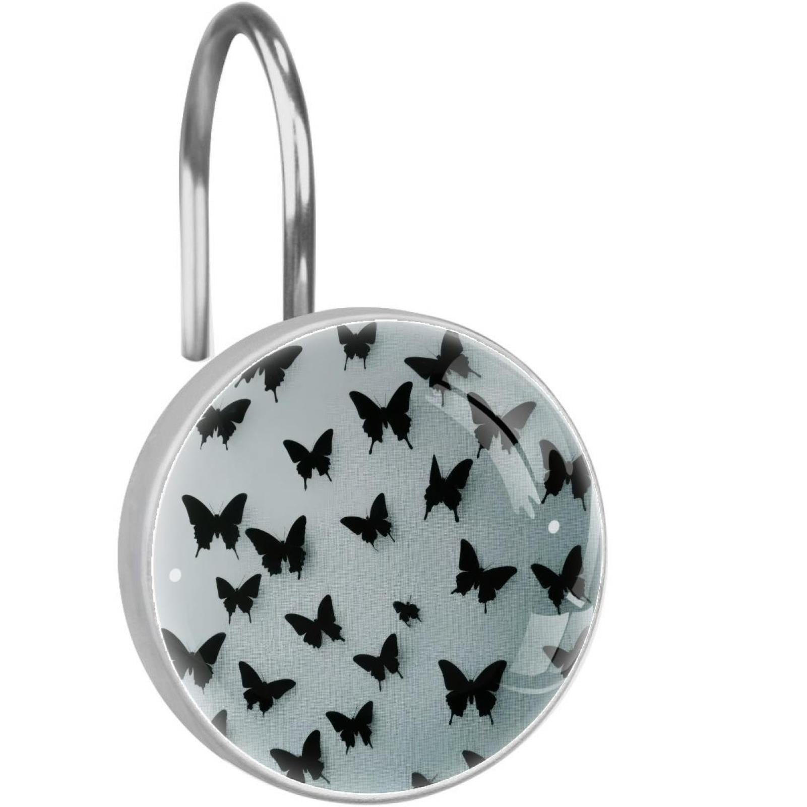 Black Butterfly Shower Curtain Hooks Round Crystal Glass, Set of 12 Shower Curtain Rings - Shower Hooks for Curtain Shower Rings