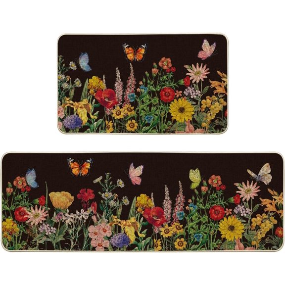 Black Butterfly Spring Kitchen Mats Set of 2, Seasonal Decor Leaves Low-Profile Kitchen Rugs for Floor - 17x29 and 17x47 Inch