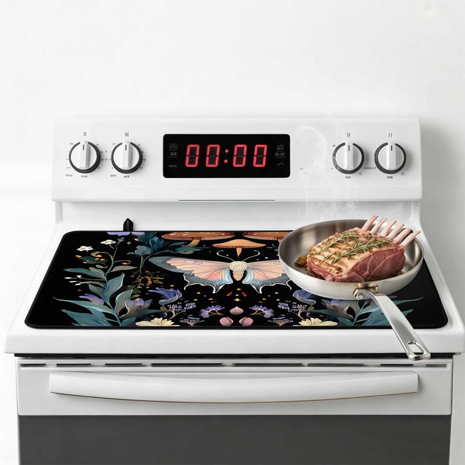 Black Butterfly Spring Stove Top Cover for Electric Stove, Heat-proof & Non Slip Glass Top Stove Cover Protector, Summer Botanical Watercolor Kitchen Flat Cooktop Rubber Mat 24x21 Inches