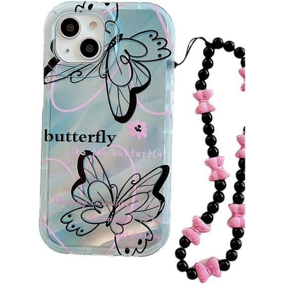 Black Butterfly Water Ripple Lanyard Chain Phone Case Compatible with iPhone Case (Clear,iPhone 13 Pro)