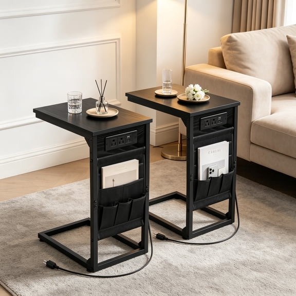 Black C-Shaped End Table with Charging Station Slides Under Sofa, Storage Bag, USB Ports, Slim TV Tray for Living Room, Bedroom
