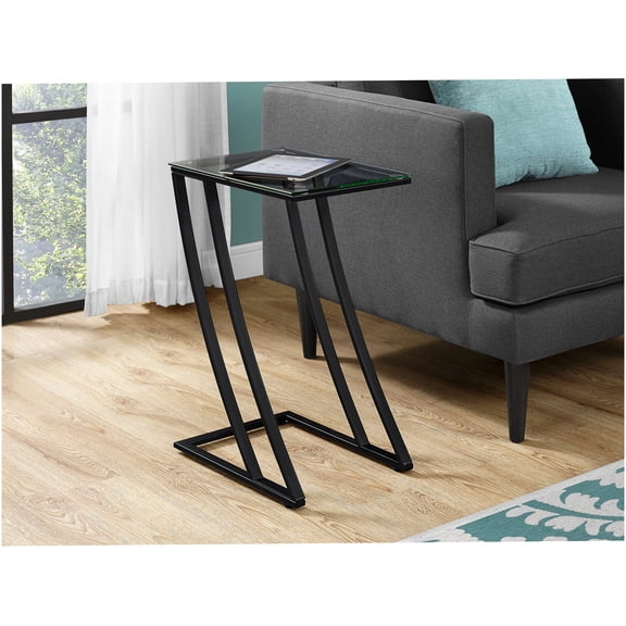 Black C-Shaped End Table with Tempered Glass Top, Modern Metal Accent Table for Living Room, Bedroom or Snack Table