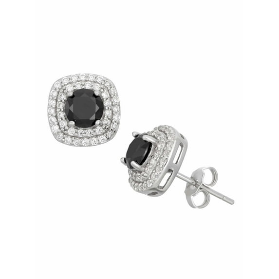 Black CZ 5mm with White CZ Double Halo Sterling Silver Earrings