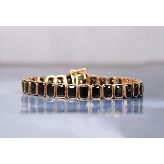 Black CZ Onyx Tennis Bracelet,Octagon Shaped Onyx Bracelet 14K Gold plated Chain Bracelet Black Onyx Jewelry Anniversary Gift For