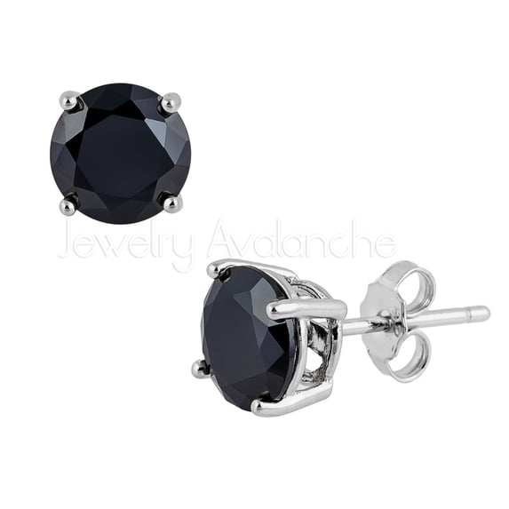 Black CZ Solitaire Sterling Silver Stud Earrings - Unisex Rhodium Plated .925 Silver Earrings 4MM