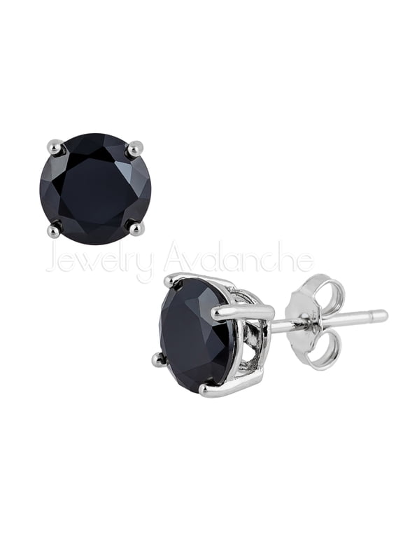 Black CZ Solitaire Sterling Silver Stud Earrings - Unisex Rhodium Plated .925 Silver Earrings 4MM