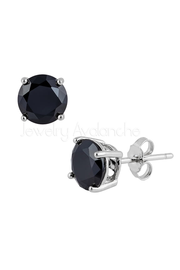 Black CZ Solitaire Sterling Silver Stud Earrings - Unisex Rhodium Plated .925 Silver Earrings 4MM