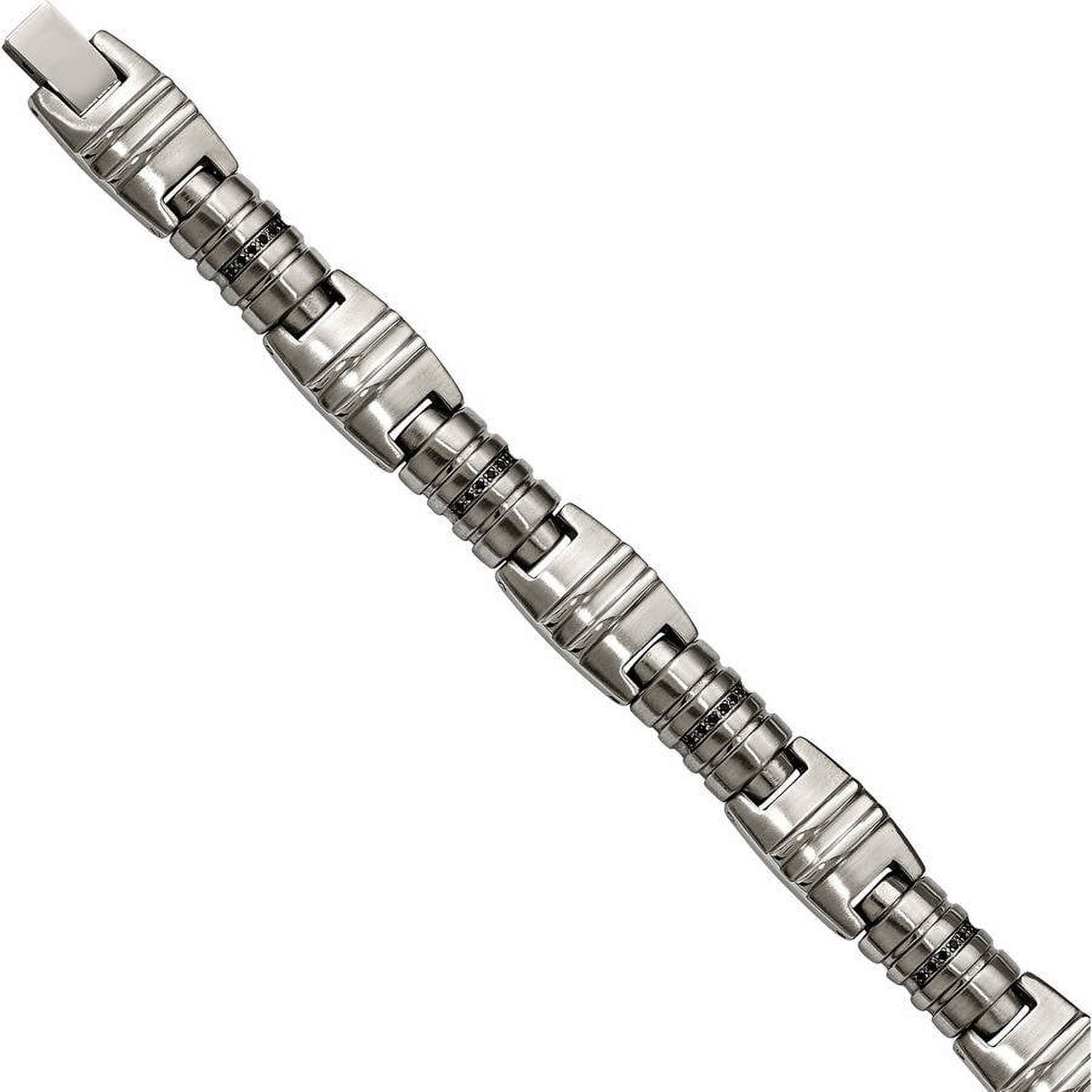PRECIOUS ACCENTS Black CZ Stainless Steel Brushed and Polished Link Bracelet