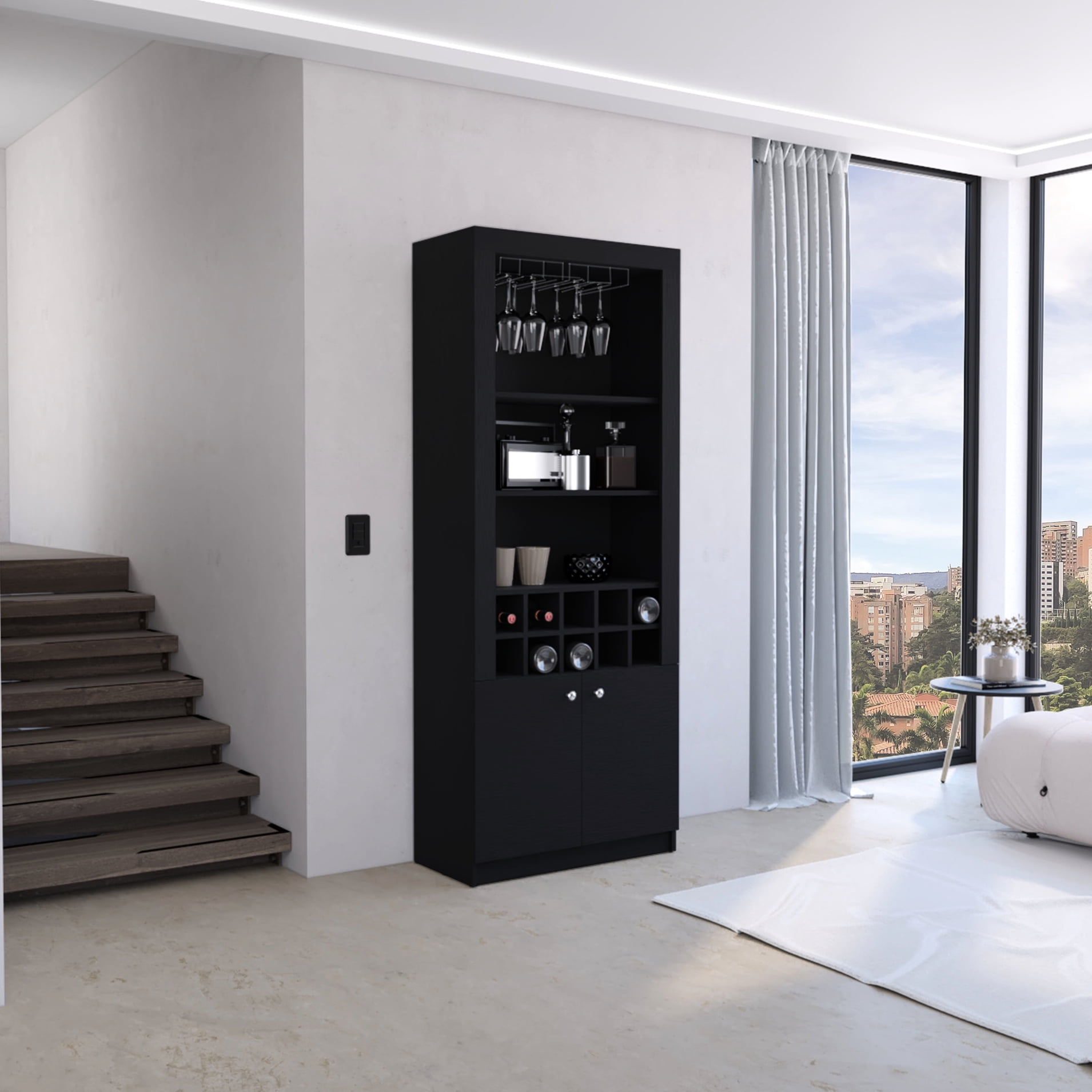 Black Cabinet For Drinks & Liquor, 4 Shelves, 10 Bottle , Glass Holder ...
