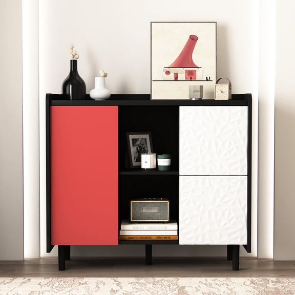 Black Cabinet with Red Doors, Unique Drawer Design - Aesthetic Storage in Home