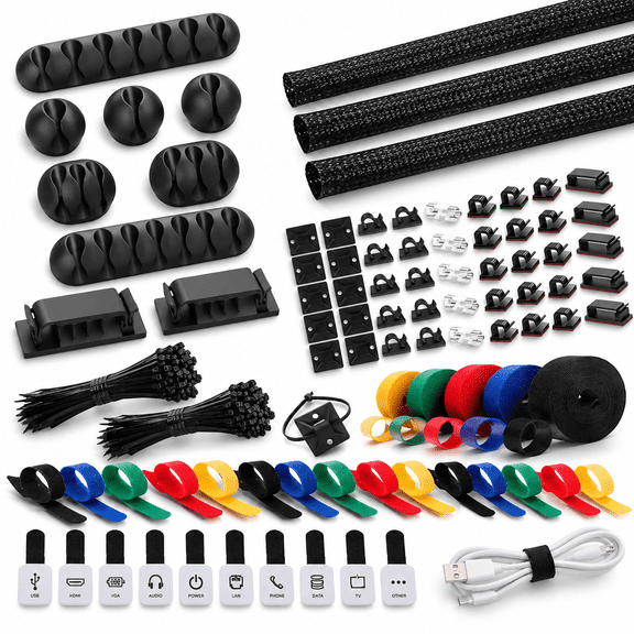Black Cable Management Kit, 4 Sleeves, 35 Clips, Cable Organizer Set