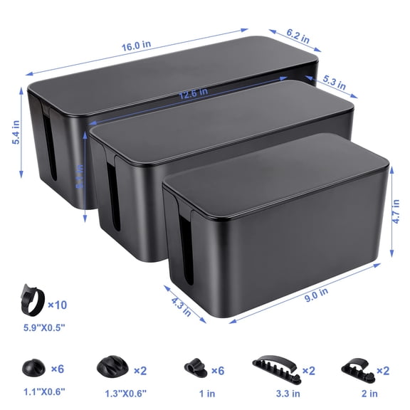 Black Cable Organizer Box Set Of Three Power Cord Holder For Desk