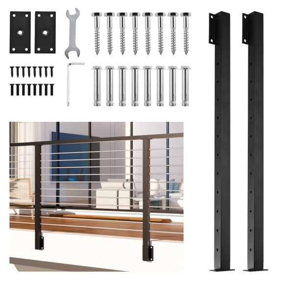 Black Cable Railing Post 38 Inch Level Drilled Mount T304 Stainless Steel Cable Railing System Kit Indoor Outdoor with Paper User Guide