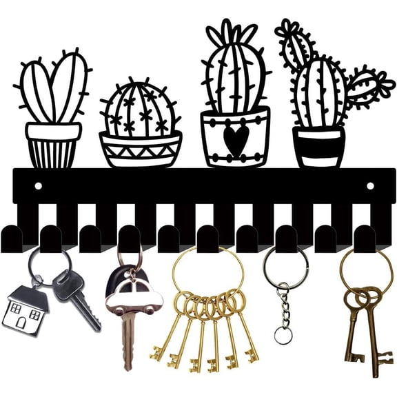 Black Cactus Key Holder Iron Key Wall Mounted Key Hooks for Wall Key Hangers with 10 Hooks Metal Hanging Key Organizer Rack Wall Decor for Entryway Front Door Hallway Office 10.6x6.3Inch 1set
