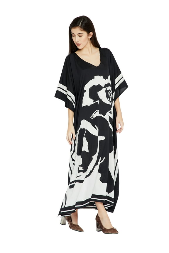 Black Caftans for Women Rose Printed Plus Size Kaftan Dresses for Women Plus Size Ladies Kaftan Long Free Size Long Women Dress Online by Oussum