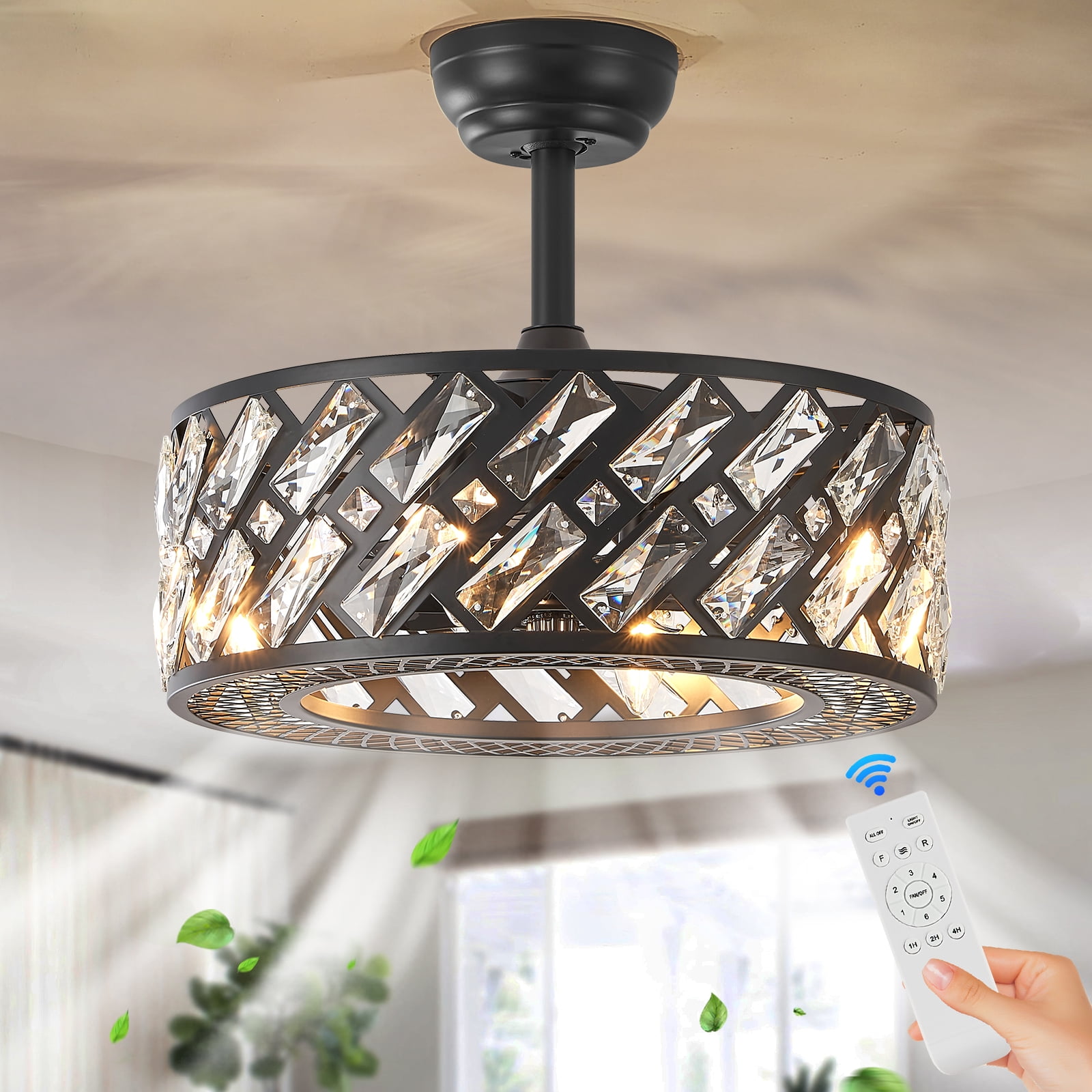 50" Reversible Crystal Ceiling Fan With Lights – Black Vintage Chandelier Fandelier, Remote Control, 6-Speed Quiet Motor, Dimmable, Timer – For Bedroom, Living Room, Dining Room