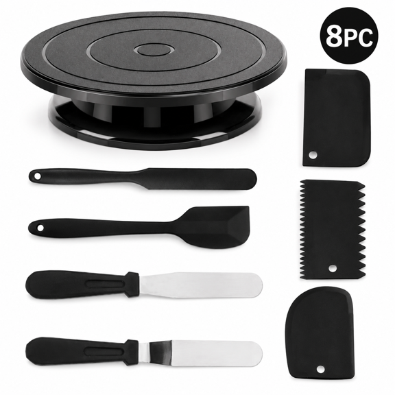 Black Cake Decorating Turntable Set, 360° Rotating Cake Stand with Spatulas & Icing Smoother Tools, Non-Slip Baking Turntable Kit for Cake Frosting, DIY Baking, and Dessert Decoration