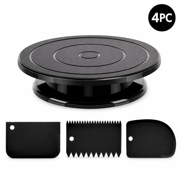 Black Cake Decorating Turntable Set, 360° Rotating Cake Stand with Spatulas & Icing Smoother Tools, Non-Slip Baking Turntable Kit for Cake Frosting, DIY Baking, and Dessert Decoration