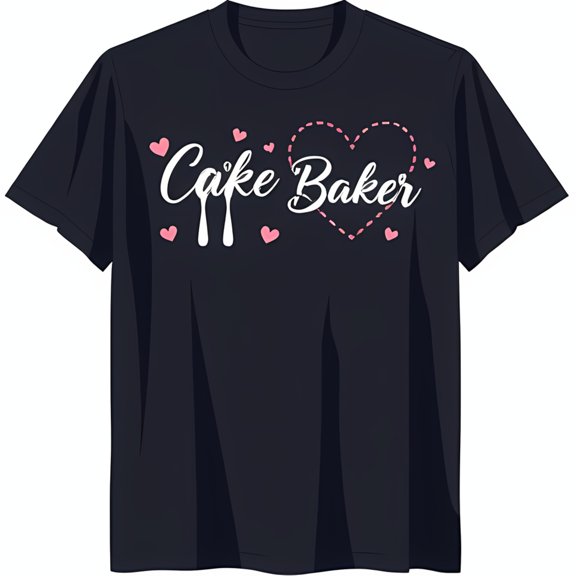 Black 'Cake ' T-Shirt with White Cursive Text & Pink Heart Design Cute Baking