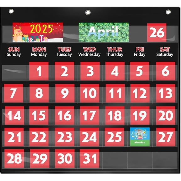 Black Calendar Pocket Chart with 76 Cards,(68 Illustrated Activity Cards, 8 Dry Erasable Flash Cards and 3 Hooks) 20" X 19"