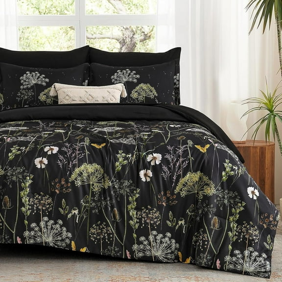 Black California Comforter Set, 7 count Dandelion Botanical Comforter Bedding Set, Spring Bed in a Bag, Soft Microfiber Complete Bedding Set with Sheets for Season