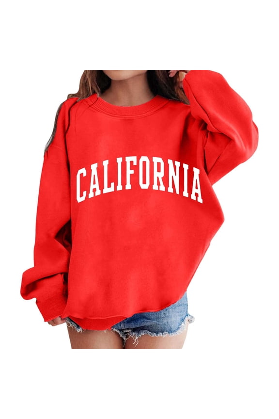 Black California Patterned Sweatshirt for Women, Low-Cut Crewneck Pullover Tops, Soft and Cozy Long Sleeve Tops