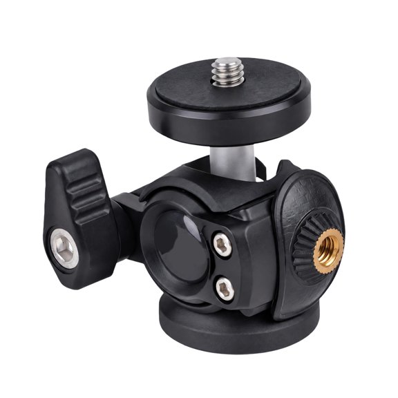 Black Camera Head for Product Photography with Textured Positioning Knob, Metal Joint, and Top, Side, and Bottom Mounting Interfaces