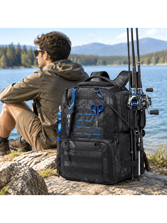 Black Camo 50L Fishing Backpack with Rod Holders and Tackle Storage